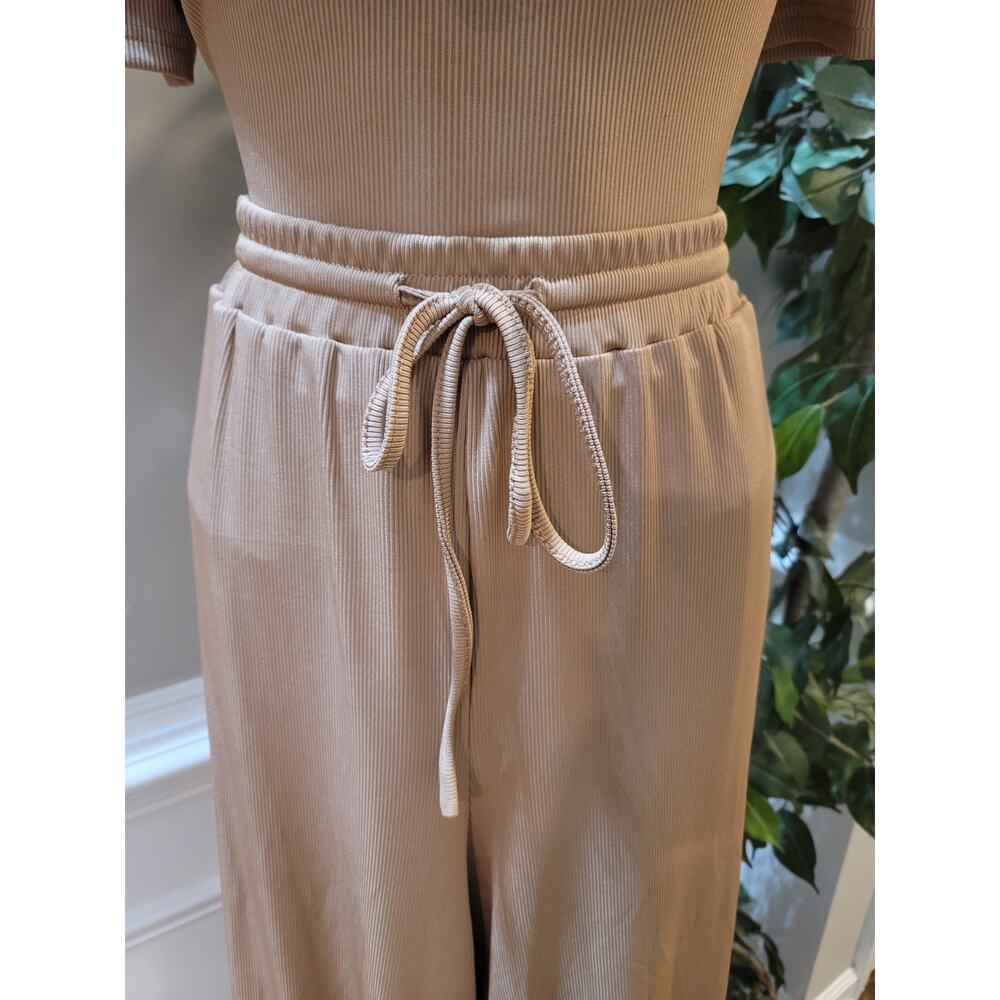 Yozy Bodysuit Set Women's Size 14 Tan Ribbed Short Sleeve Drawstring Scoop Neck - Picture 5 of 14